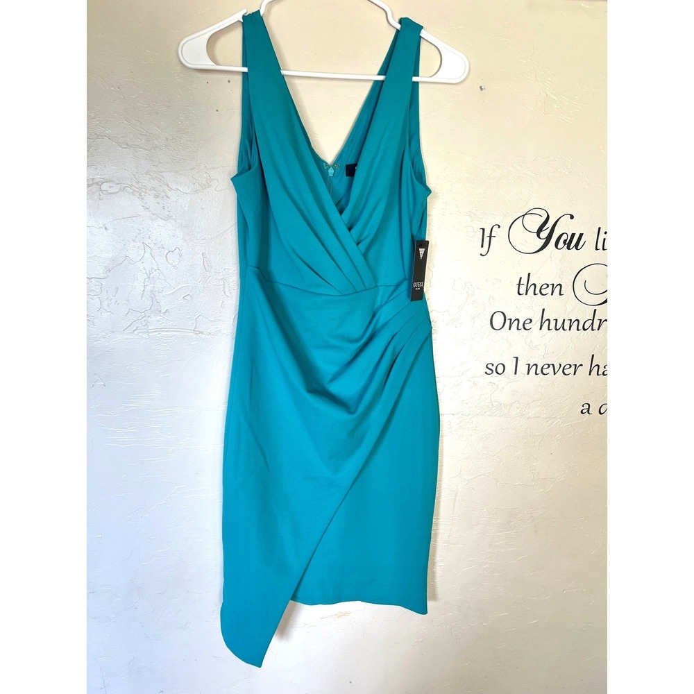Guess Womens Teal Blue Ruched Asymmetrical Wrap Cocktail Dress Vibrant Date Chic
